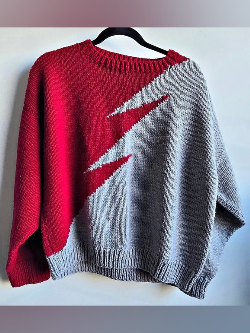 Color Block Crewneck Sweater in Red & Gray Like New - Oversized